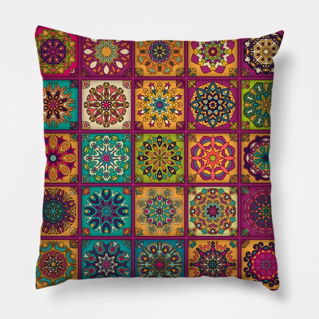 Vintage patchwork with floral mandala elements Pillow by SomberlainCimeries