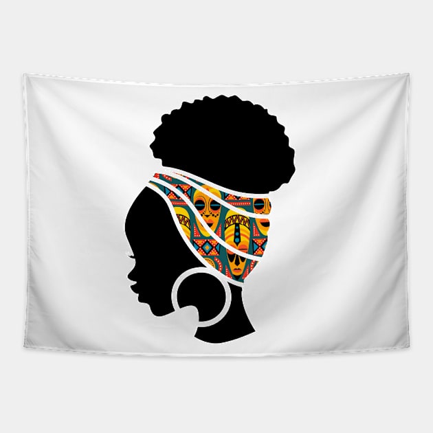 Afro Hair Woman with African Pattern Headwrap Tapestry by dukito