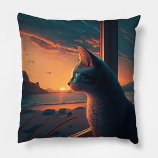 Design of a grey cat watching a sunset by the sea Pillow