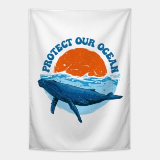 Earth Day Protect Our Ocean Groovy Retro Vintage Tapestry