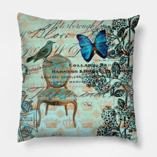 dark academia cottage chic scripts butterfly mint bird botanical Pillow