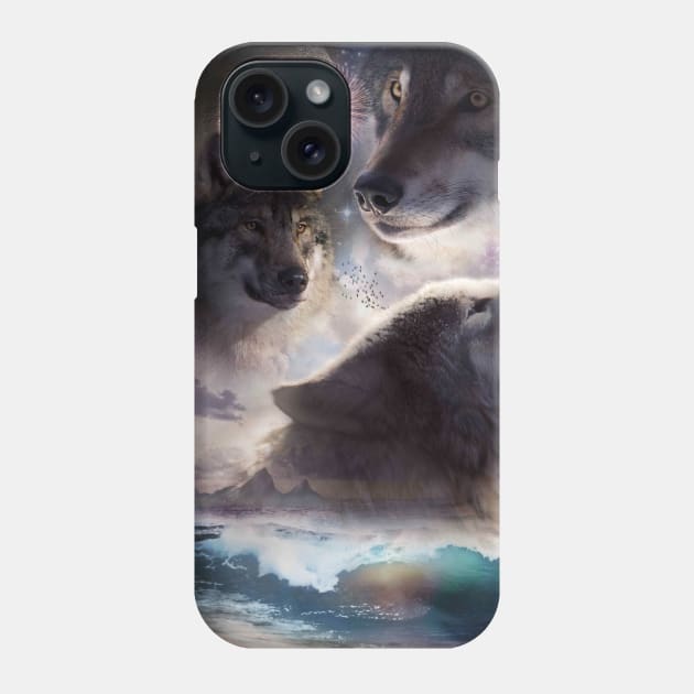 3 Wolf Beach, Three Wolves Howling At Moon In Space Phone Case by Random Galaxy