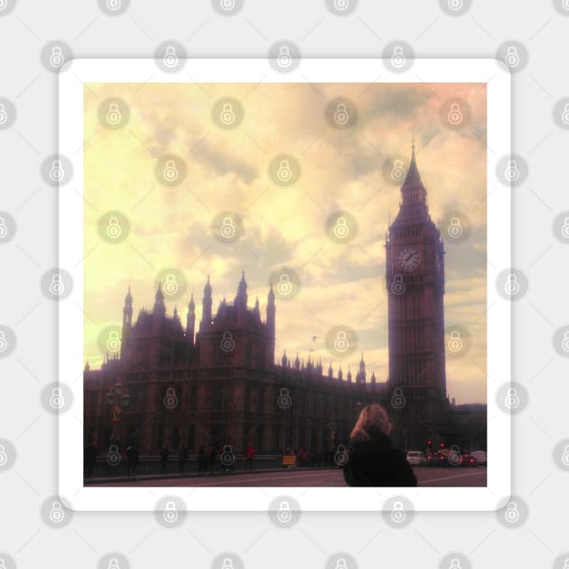 London Big Ben photoreal beautiful city purple pink aesthetic foggy design Magnet by BoogieCreates