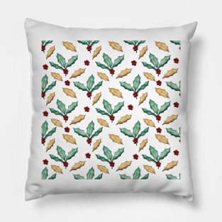 Gold Green Holly Leaves Red Berries White Design Pillow