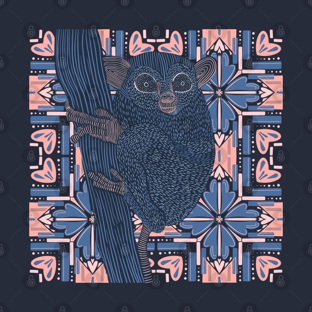 Cute Tarsier on a Modern Pink and Blue Pattern Background by Suneldesigns