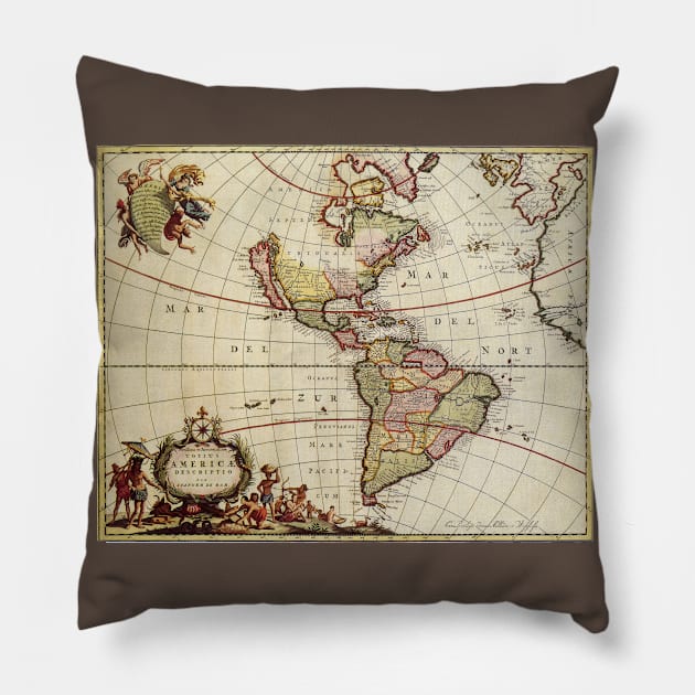 Antique Map of the Americas by Johannes De Ram Pillow by MasterpieceCafe