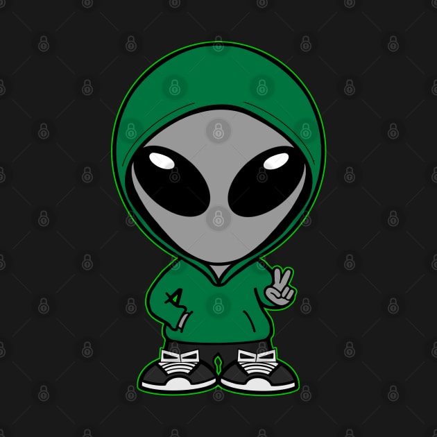 Casual Clothed Gray Alien Holding Up "Peace" Hand Sign by SpaceAlienTees