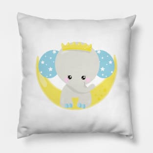 Cute Elephant, Elephant On The Moon, Crown, Stars Pillow