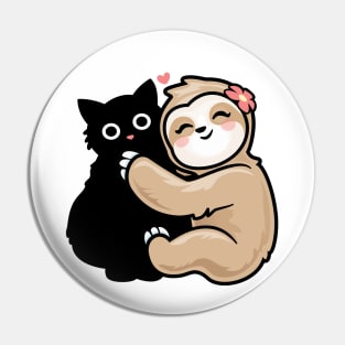 Funny Cat Sloth Loves Black Kitty Cat Pin