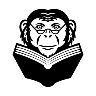 Chimpanzee Chimp Monkey Primate or Ape Wearing Glasses Reading Book Mascot Black and White T-Shirt