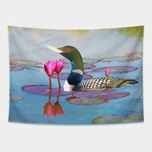 Yellow Billed Loon and Pink Lotus Flowers Tapestry