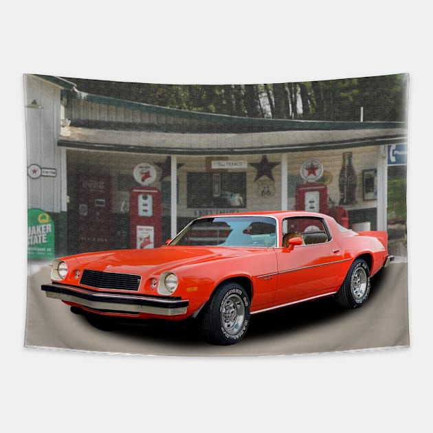 1976 Camaro in our filling station series on front and back Tapestry by Permages LLC