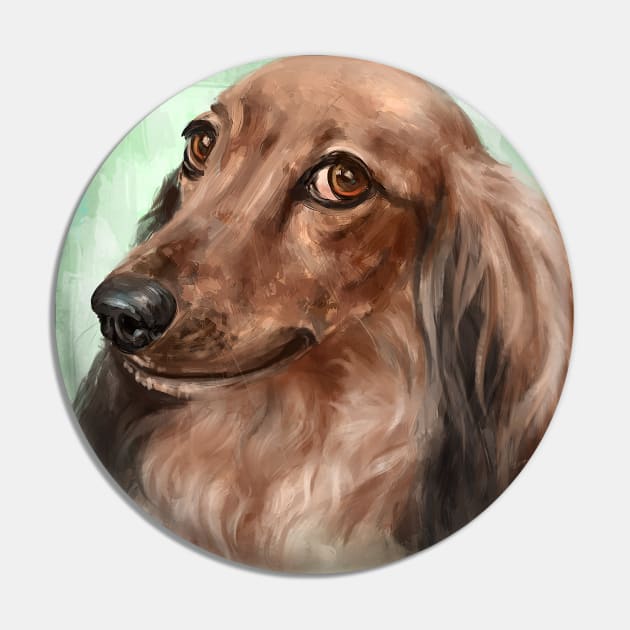 Painting of a Fluffy Dachshund with Brown Coat, on Green Background Pin by ibadishi