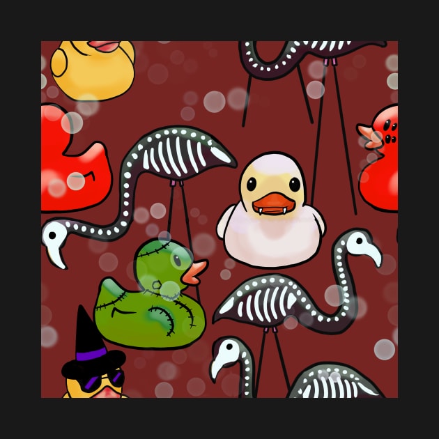 Spooky Halloween Rubber Ducks and Pink Flamingo Skeletons Dark Red by JamieWetzel