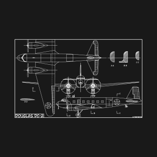 Douglas DC-2 American WW2 Military Transport Plane Blueprint Diagram Gift T-Shirt