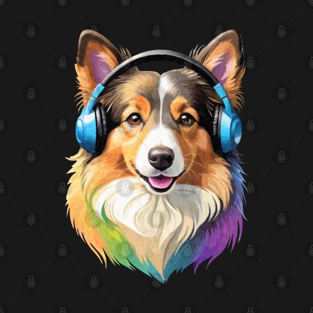 Colorful dog with headphones - Shetland Sheepdog by Outcast Brain