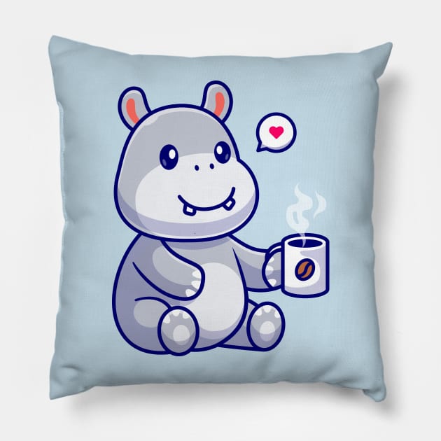 Cute Hippo Drinking Coffee Cartoon Pillow by Catalyst Labs