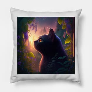 Cat Watching Sunset Scene Pillow