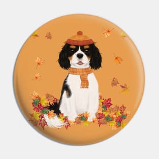 Tri Cavalier in Fall Leave, Tri Colored Cavalier King Charles Spaniel Pin