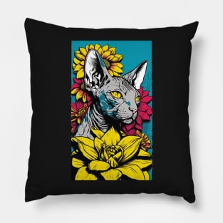 Sphynx Cat Vibrant Tropical Flower Tall Retro Vintage Digital Pop Art Portrait 3 Pillow