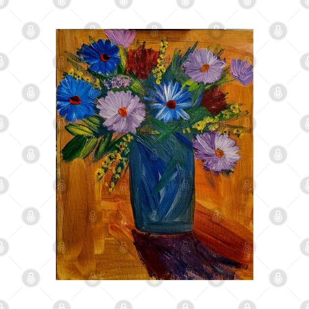 Mixed flowers in blue and silver vase on a colorful tiles background by kkartwork