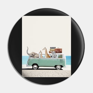 Summer elephant, zebra, giraffe adventures Blue retro car Pin