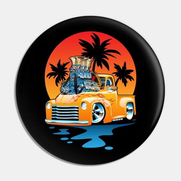 Classic American Hot Rod Pick-up Truck with Sunset Cartoon Pin by hobrath