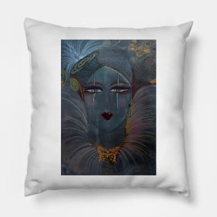 PARIS PIERROT CLOWN PAINTING AND COLLAGE GREEN GREY DUSTY OIL POSTER GOLD METALLIC EMBELLISHMENTS Pillow