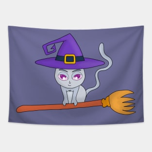 Witch Cat Flying on a Broom Tapestry