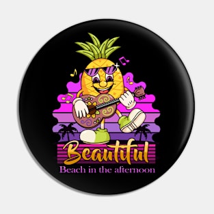 Beautiful beach in the afternoon, Cartoon character pineapple playing guitar on the beach Pin