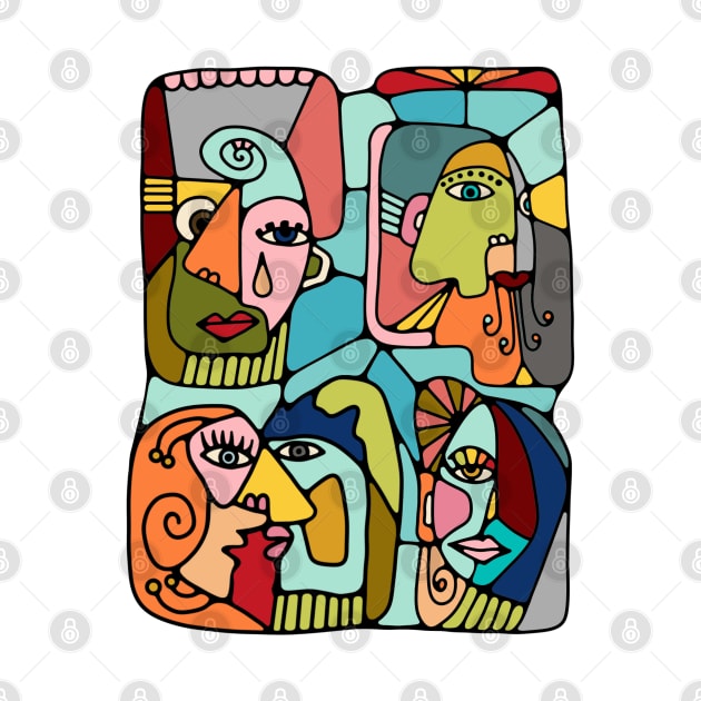 Cubist Picasso Style Faces In Mid Century Modern Colors by Slightly Unhinged