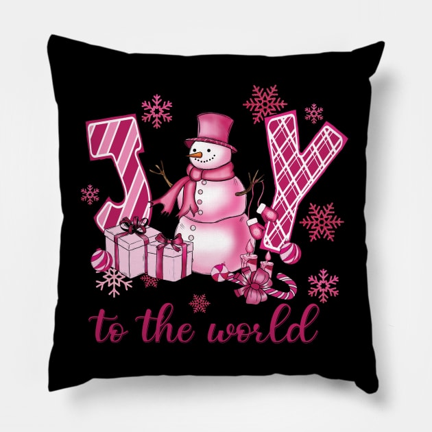 Joy to the World Pink Snowman Pillow by Velvet Love Design 