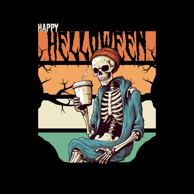 Spooky Skeleton Enjoying Coffee, Happy Halloween Graphic by theworthyquote