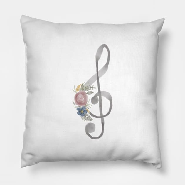 Treble Clef Watercolor Floral Pillow by Harpleydesign