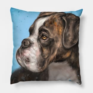 Painting of a Brindled Brown and White Boxer Dog Look to the Side on Blue Background Pillow