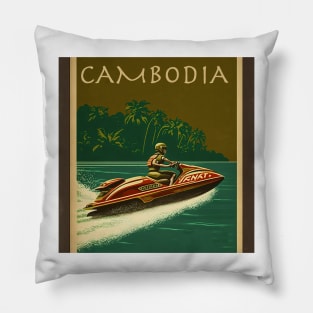 Cambodia Jet Ski Vintage Travel Art Poster Pillow