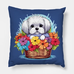 Blooming Companion: Maltese in a Basket of Flowers Pillow