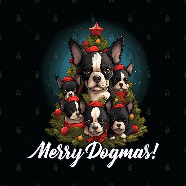 Merry Dogmas! Cute Boston Terrier Puppy, Christmas Dog Lover by NearlyNow