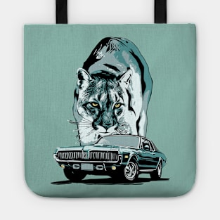 68 Mercury Cougar with cougar cat backdrop, blue/green theme. Tote