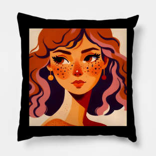 Redhead woman face with freckles portrait art Pillow