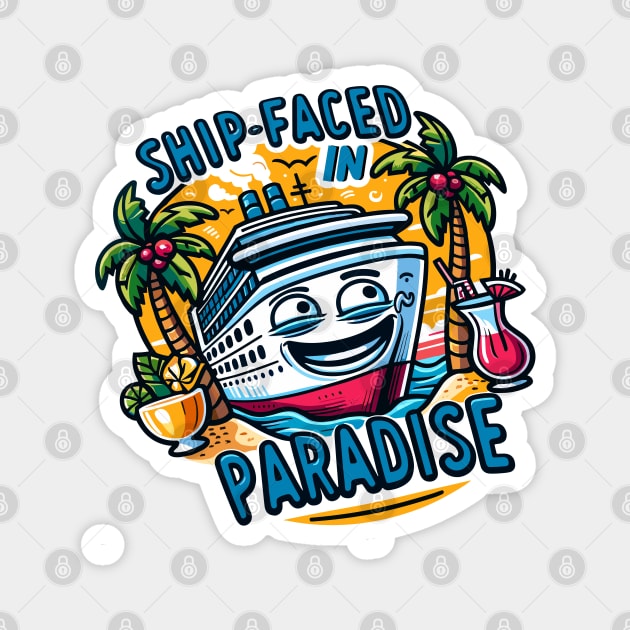 Ship-Faced in Paradise - Fun Cruise Ship and Tropical Island Cocktail Illustration Magnet by WarFX Designs