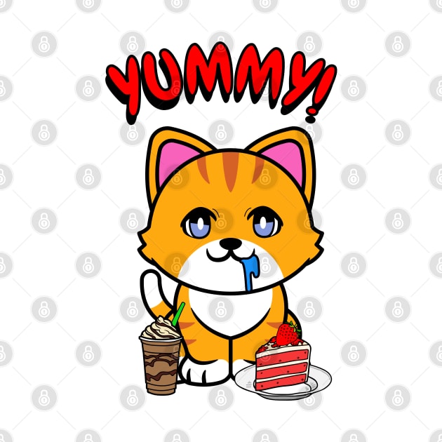 Cute orange cat is having coffee and cake by Pet Station