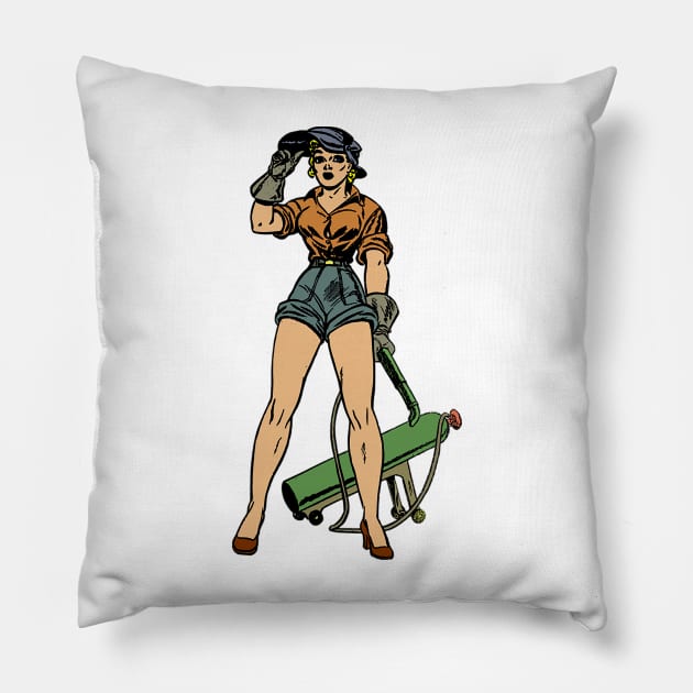 Welder Pin up Girl Pillow by Christyn Evans