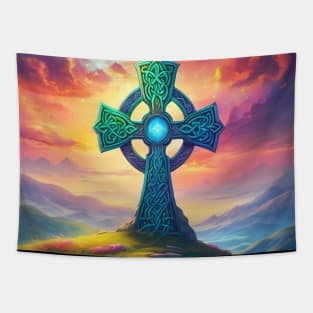 Colorful Ancient Fantasy Celtic Cross set into a grassy hill overlooking mountains. Tapestry