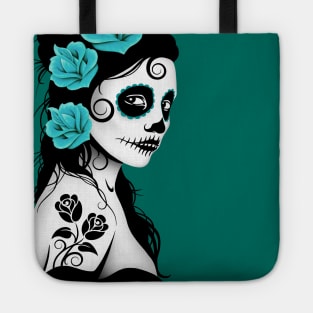 Teal Blue Day of the Dead Sugar Skull Girl Tote
