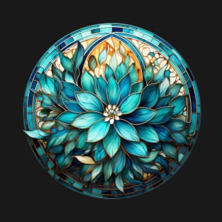 Stained Glass Teal, Turquoise and Aqua Flower Mandala T-Shirt