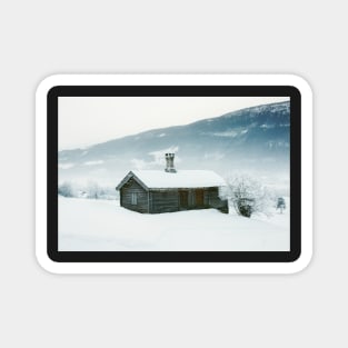 Log Cabin in Scandinavian Winter Landscape Magnet