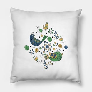 Scandinavian Folklore Blue and Green Birds Pillow