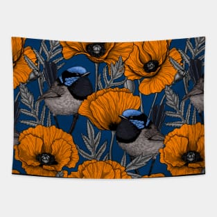 Fairy wrens and orange poppies Tapestry