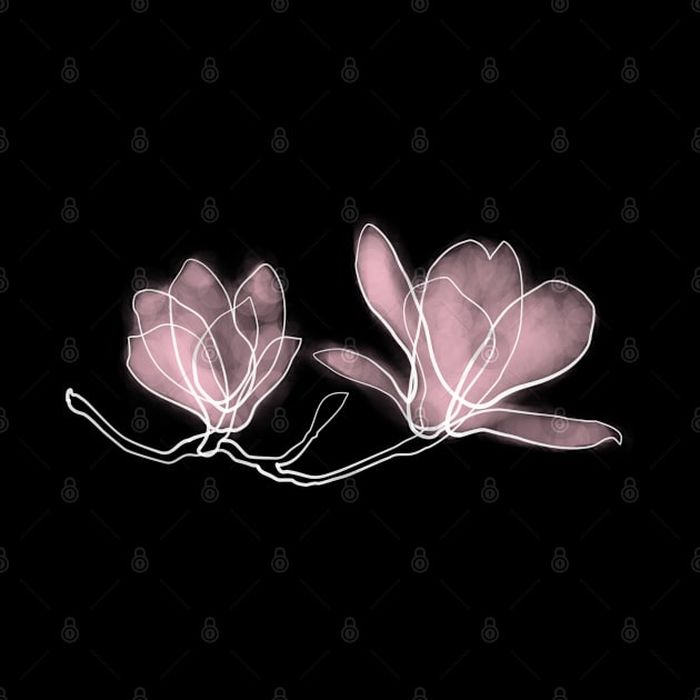 Magnolia Flowers, Pink, Drawing, Continuous Line, Dark by EnvelopeStudio